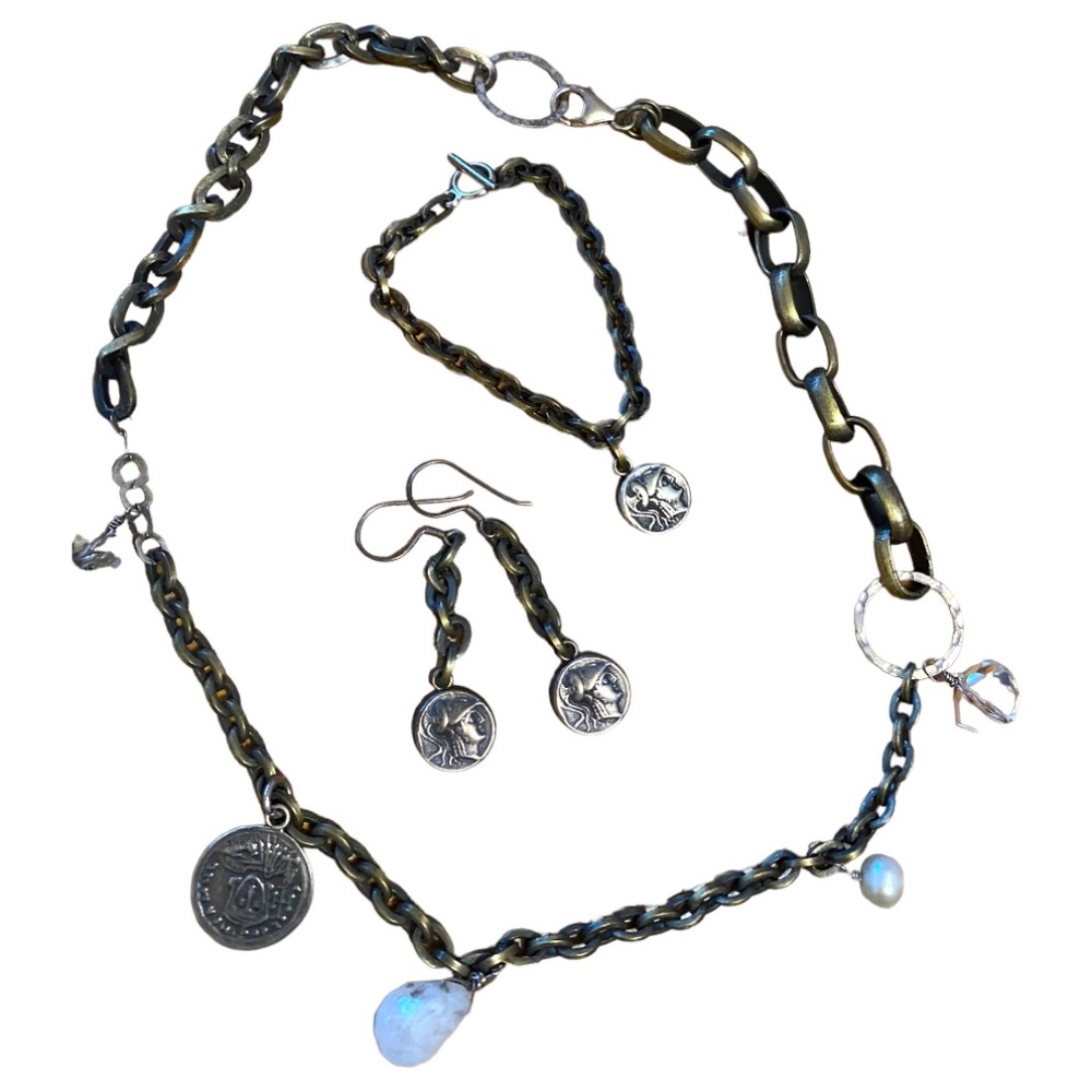 Mixed metal & stone artisan (3 pce) necklace, earrings & bracelet